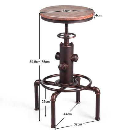 Adjustable Height Bar Stool, Pine Wood & Iron, 59.5-75 cm