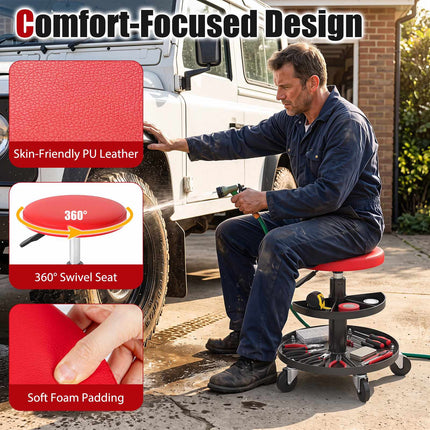 Adjustable Height Rolling Mechanic Stool with Tool Trays