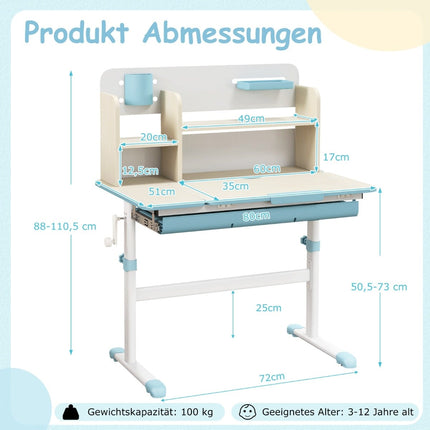 Adjustable Kids Desk with Tilt Top, Shelves, Drawer – Blue