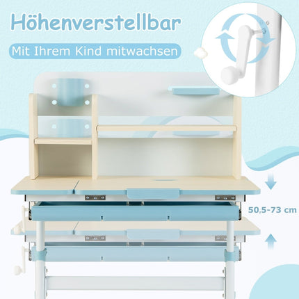 Adjustable Kids Desk with Tilt Top, Shelves, Drawer – Blue