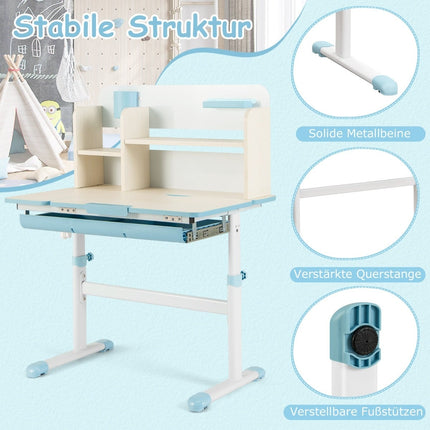 Adjustable Kids Desk with Tilt Top, Shelves, Drawer – Blue