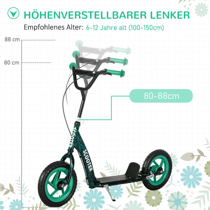 Adjustable Kids Scooter with Brake, Stand, Steel, Green