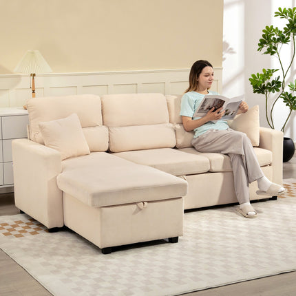 Adjustable L-Shaped Sofa Bed with Storage, Beige