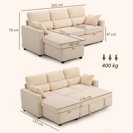 Adjustable L-Shaped Sofa Bed with Storage, Beige