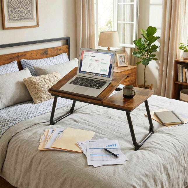 Adjustable Laptop Table – Foldable, Tilting Wood-Effect Top