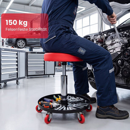 Adjustable Mechanic Stool with Wheels and Storage – Red