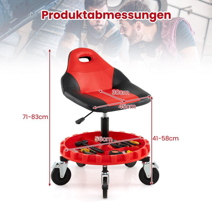 Adjustable Mechanic Stool with Wheels and Tool Tray, Red