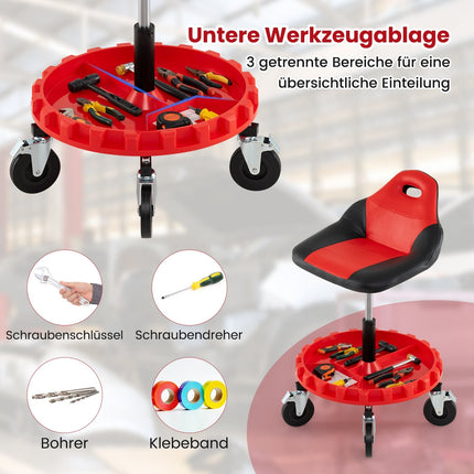 Adjustable Mechanic Stool with Wheels and Tool Tray, Red