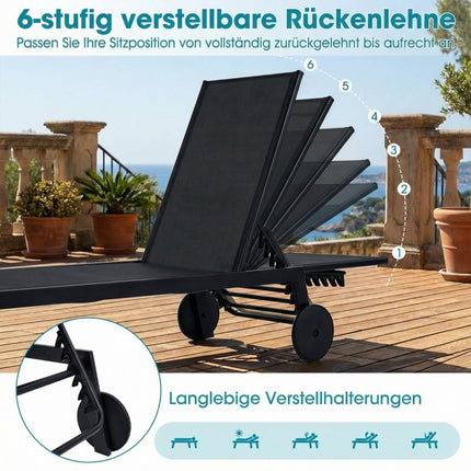 Adjustable Outdoor Sun Lounger Set with Wheels, Black