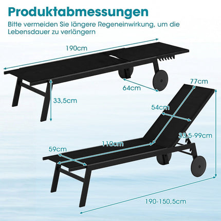Adjustable Outdoor Sun Lounger Set with Wheels, Black