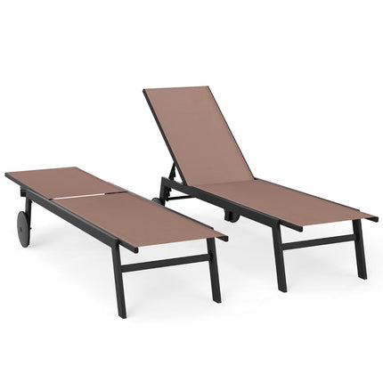 Adjustable Outdoor Sun Lounger Set with Wheels, Brown