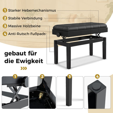 Adjustable Piano Bench with Storage, Black, 2 Seats