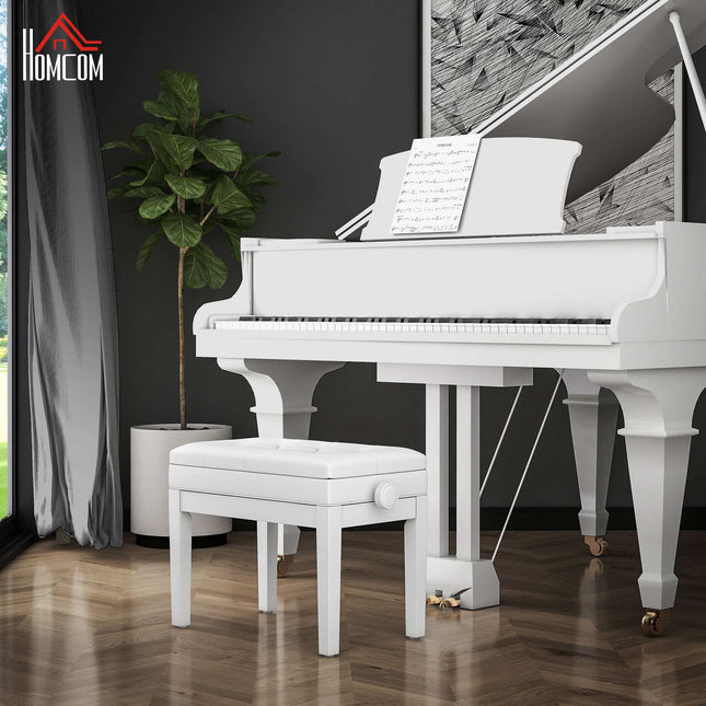 Adjustable Piano Bench with Storage, Faux Leather, White