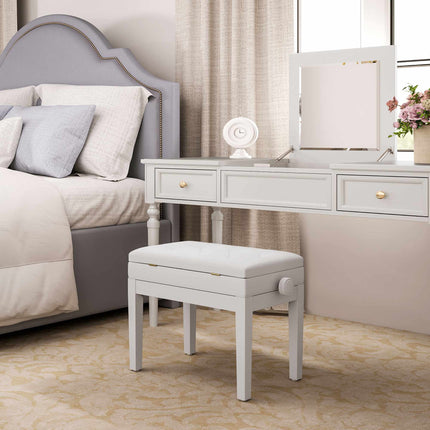 Adjustable Piano Bench with Storage, Faux Leather, White