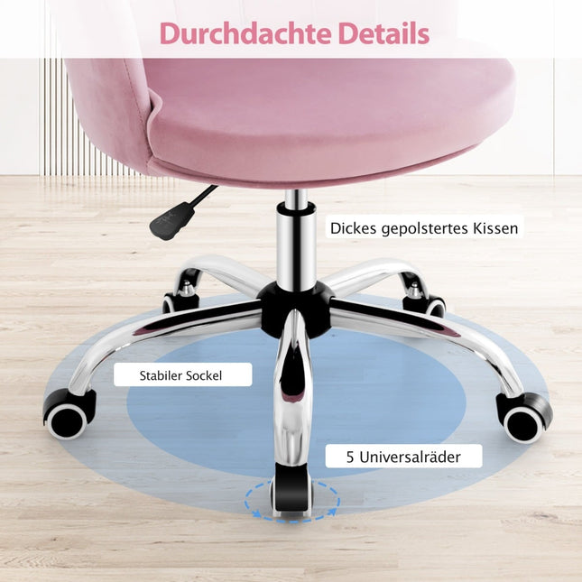 Adjustable Pink Velvet Office Chair with Wheels, Ergonomic Design