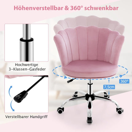 Adjustable Pink Velvet Office Chair with Wheels, Ergonomic Design