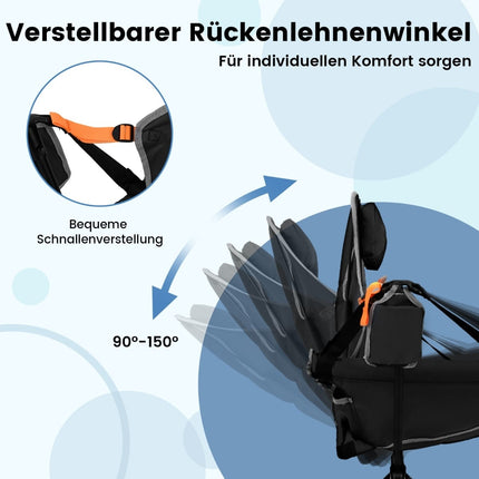 Adjustable Reclining Camping Chair with Cup Holder, Black