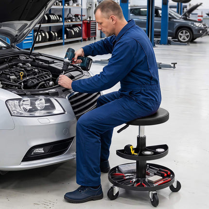 Adjustable Rolling Mechanic Stool with Tool Trays, Black