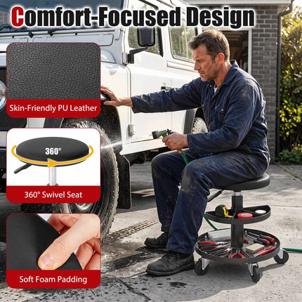 Adjustable Rolling Mechanic Stool with Tool Trays, Black
