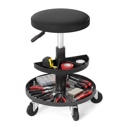 Adjustable Rolling Mechanic Stool with Tool Trays, Black