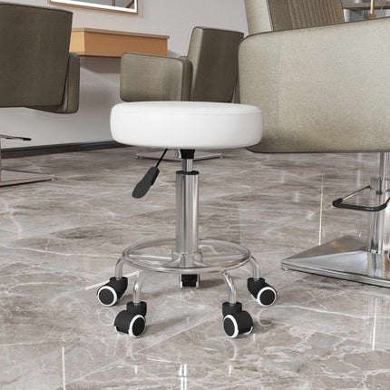 Adjustable Salon Stool, White Faux Leather, 110 kg Capacity
