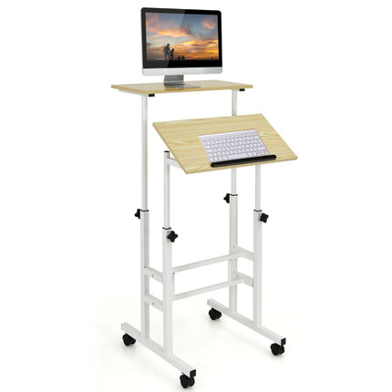 Adjustable Standing Desk with Wheels, White/Natural