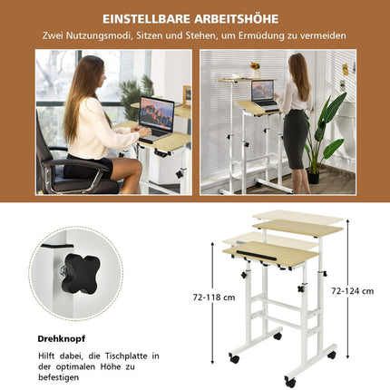 Adjustable Standing Desk with Wheels, White/Natural