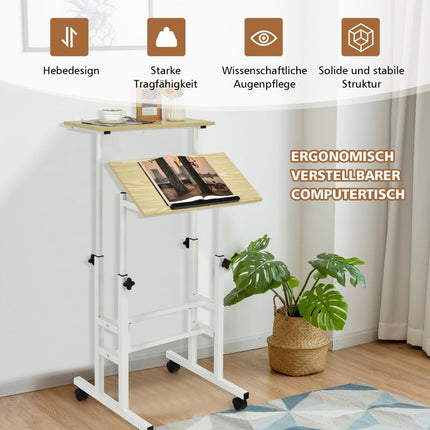 Adjustable Standing Desk with Wheels, White/Natural