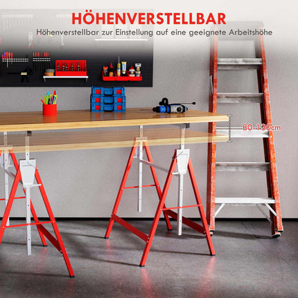 Adjustable Steel Sawhorse Set, Red, 200kg Capacity