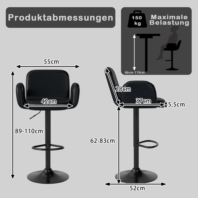 Adjustable Swivel Bar Stools, Set of 2, Black Leather