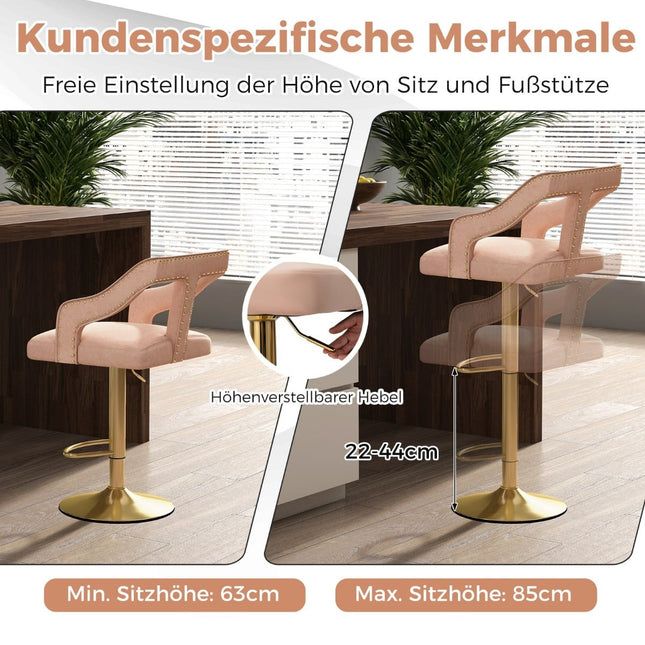 Verstelbare fluwelen barkrukken, roze, set van 2, 63-85 cm