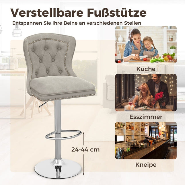 Verstelbare fluwelen barkrukken, set van 2, grijs, 67-87 cm