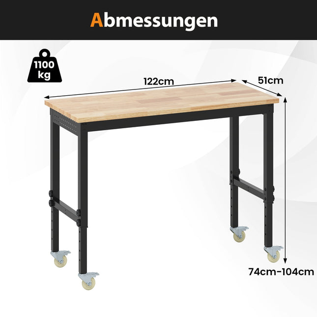 Adjustable Workbench with Wheels, 1100 kg Capacity, 2 Pegboards