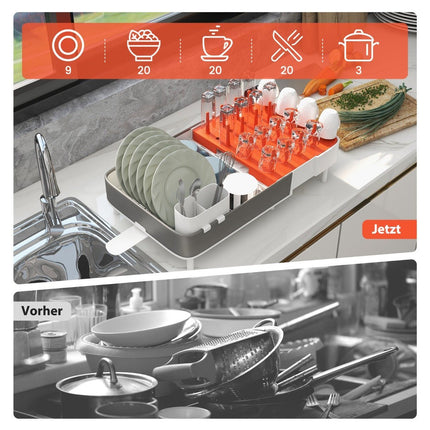 Adjustable dish drainer with removable cutlery holder and cup holder. Expandable