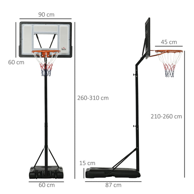Adjustable stand for basketball hoop, rollable, height 260-310 cm