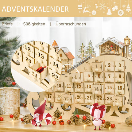Advent calendar with 24 LED-illuminated boxes, Sled-shaped