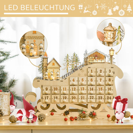 Advent calendar with 24 LED-illuminated boxes, Sled-shaped