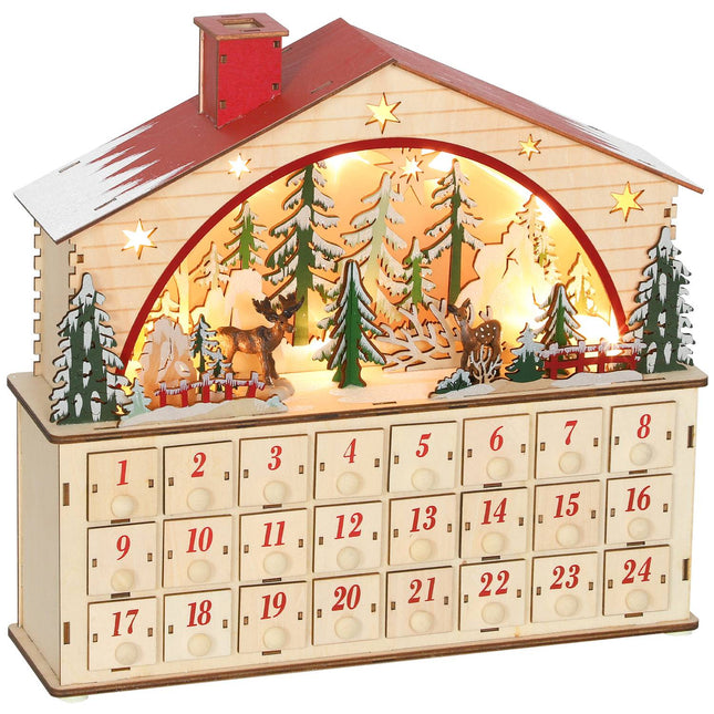 Advent Calendar with 24 Drawers, LED Lights, Wood, 36x10x34 cm
