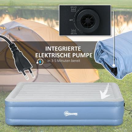 Double air mattress for camping with pillow & pump, light blue
