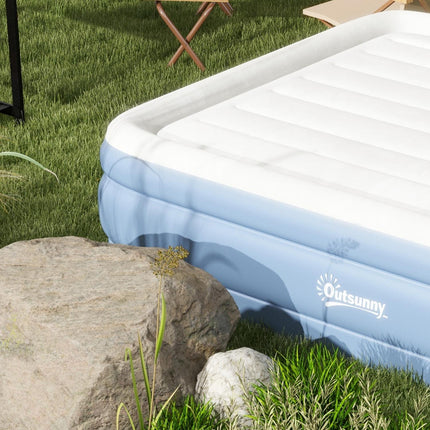 Double air mattress for camping with pillow & pump, light blue