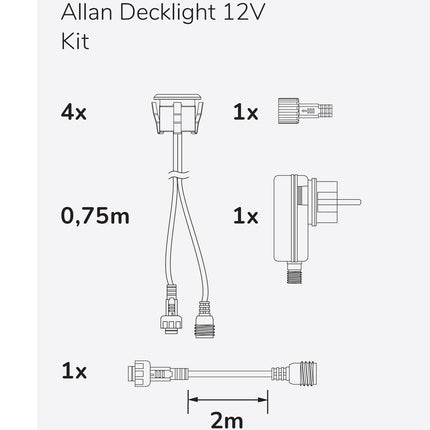Allan Decklight kit 4-pack incl power adapter 12V 3000K 10lm IP67