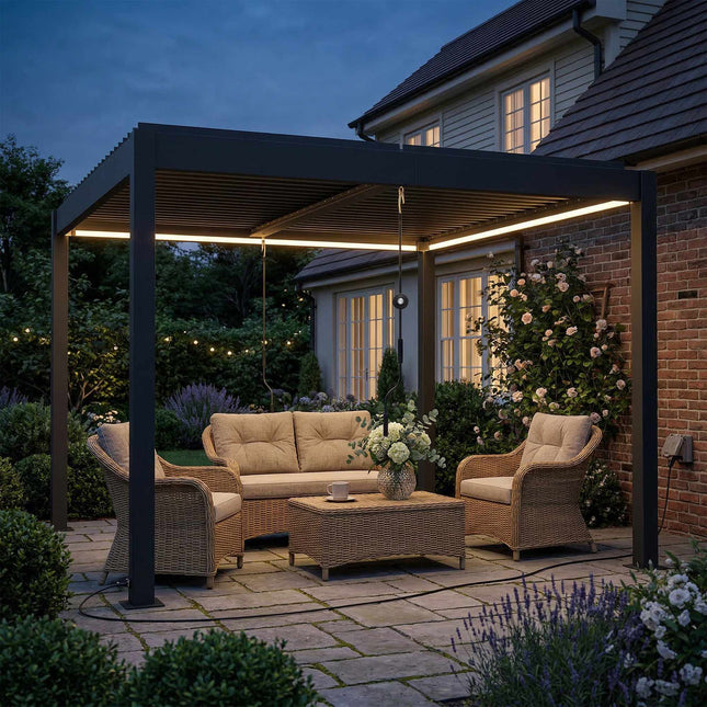 Aluminium Pergola 3x3m with LED Lights & Adjustable Roof