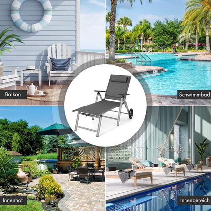 Aluminum deck chair with wheels Folding sun lounger 137.5 x 75 x 23.5 cm Gray