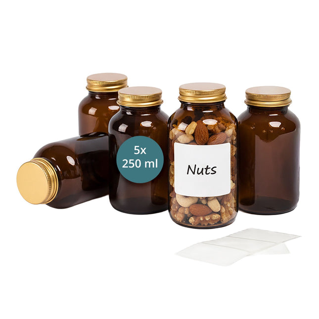 Amber Glass Jars, 250ml, Set of 5, Airtight Lids