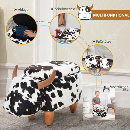 Animal stool with storage, stuffed pig design, black/white
