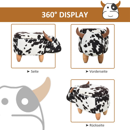 Animal stool with storage, stuffed pig design, black/white