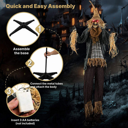 Animated Halloween Scarecrow 7 ft with Glowing Red Eyes, Moving Hat