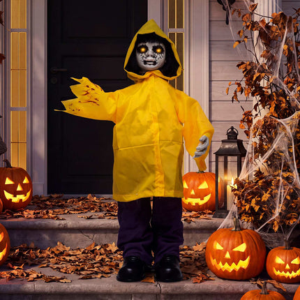 Animatronic Haunted Boy with Light-Up Eyes and Creepy Sounds, Yellow