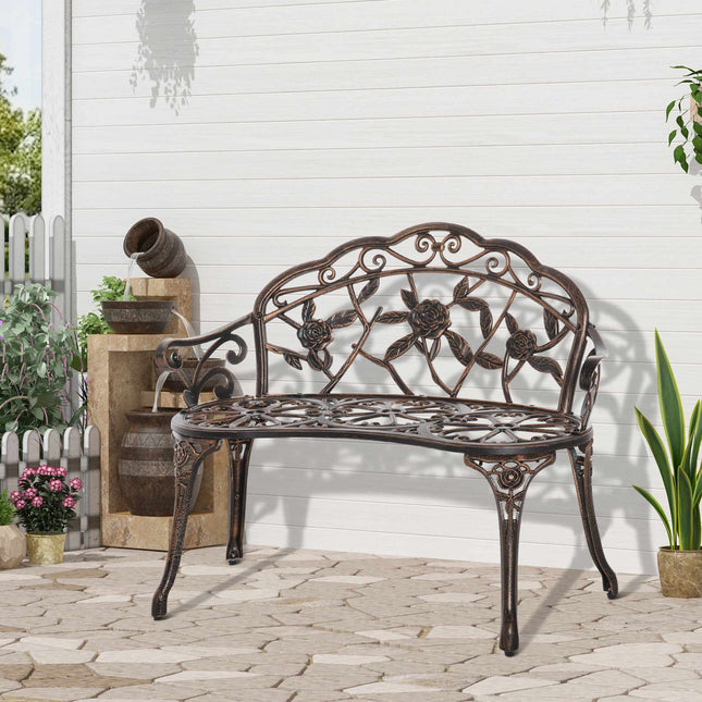 Antique Design Metal Garden Bench, Bronze, 2-Seater