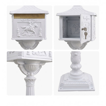 Antique White Freestanding Column Letterbox, Rustproof Aluminium